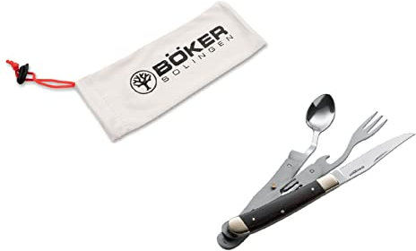 Böker Magnum Bon Appetite Camping-Besteck mit Messer, Gabel und Löffel inkl. Microfaserbeutel, einfach zu öffnen, Braun