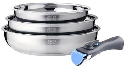 Arthur Martin AM2208 - Juego de 3 sartenes (acero inoxidable, 20 – 24 – 26 cm), mango extraíble para todo tipo de fuegos, incluida inducción