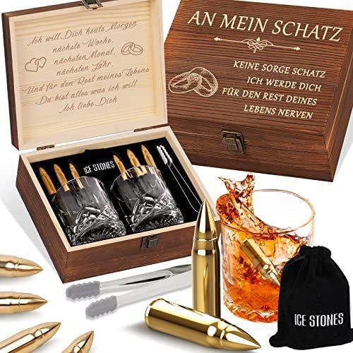 Valentinstag Whiskygläser Geschenkset mit 2 Whiskey Gläser und 6 Whisky Steine, Valentinstagsgeschenk Whiskey Geschenke für Männer Freund Ehemann, Geschenk für ihn Partner Pärchen Jahrestag Hochzeit