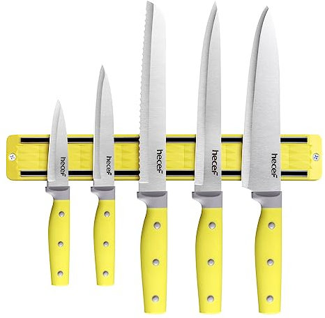 hecef 5-Piece Stainless Steel Knives Collection with 13″ Magnetic Holder – Professional Sharp Knife Set Featuring Triple-Riveted Yellow Handle for Meat & Vegetables