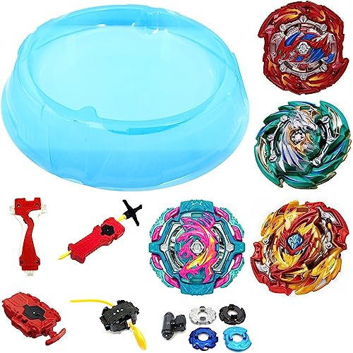 ayados XXXL Arena mit 4er Set Kampf Kreisel für die Burst Surge Arena Kampfkreisel Set 4x Komplette Kreisel mit 3 Starter Arena B-146 Flare Dragon B-147 Poison Hydra B-148 Heaven Perseus B-149 Spryzen