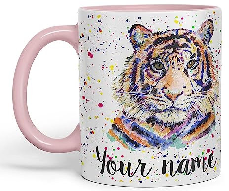 Vixar Personalised with Your Text Tiger Cat Safari Animals Watercolour Art Coloured Ceramic Mug Cup Gift 330ml 11oz Custom Work Office Tea Coffee (O2) (Pink)