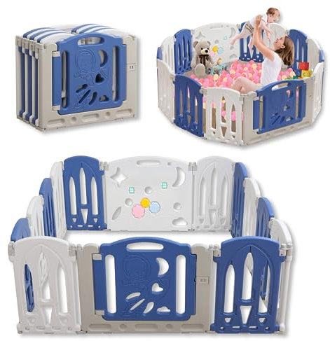 SUBTLETY Laufstall Baby Faltbar Laufgitter aus Kunststoff Kindersicherheits Laufstall mit Tür und Spielzeugboard Indoor Baby Aktivitätszentrum Playpen für Kleinkinder (12+2 Paneele, Blu+Weiß)
