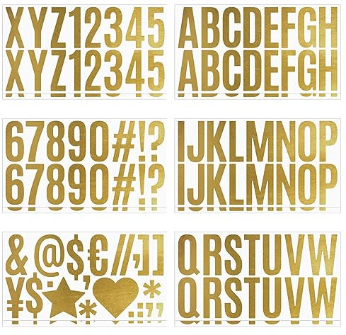 Bekecidi 12 Blatt Alphabet Buchstaben Aufkleber, Selbstklebendes Vinyl Zahlen Set, 2,5in Wasserfest Symbol Briefkastennummern für Schilder Türen Auto Adressnummer (Gold)