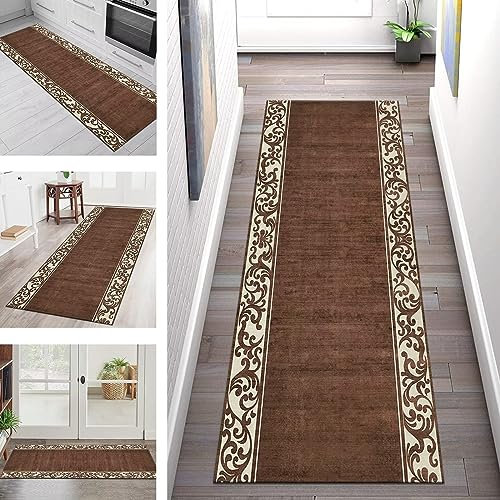 Läufer Teppich Flur Küche Waschbar rutschfest Küchenläufer Meterware 70X200CM Braun Apricot Abstrakt Lang Teppichläufer Teppichmatte Dauerhaft für Korridor Wohnzimmer Schlafzimmer Anpassbar Läufer