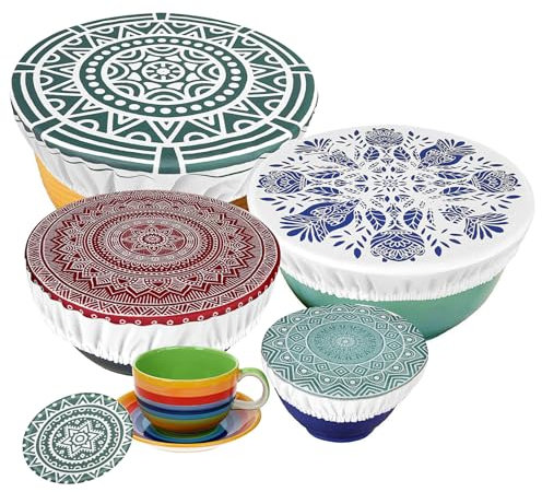 5 STK Abdeckhauben für Lebensmittel Wiederverwendbare, aus Stoff, Topfhauben mit Gummizug, Dehnbare Deckel Wasserdichtes Gewebe dehnte Abdeckungen für Glassalat-Schüssel, Topf, Mandala-Muster B