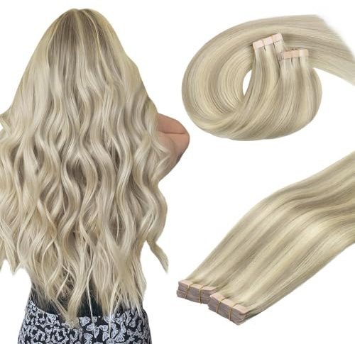 DOORES Tape in Echthaar, Aschblond Highlights Platinblond 45cm (18zoll) 100g 40pcs, Remy Tape Haarverlängerung Echthaar Remy Human Hair Gerade Haar