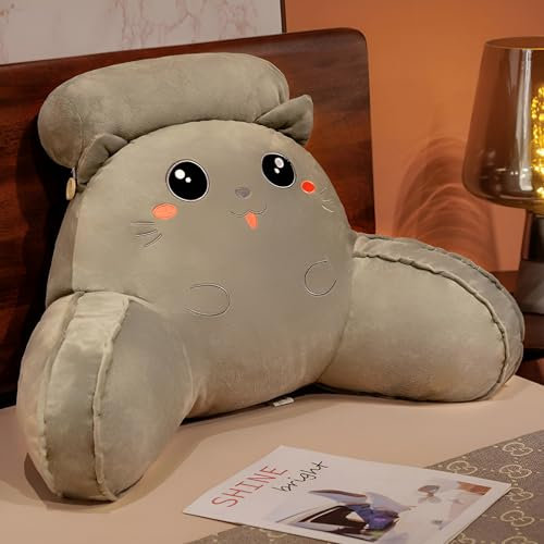 LANPEW Reading Pillow,rückenkissen mit armlehnen,lesekissen für Bett,bettsessel Rückenlehnenkissen Rückenstütze,Kissengeschenke für Lesen,Arbeiten,und Spielen (plüsch graue Katze, 75 * 50cm)