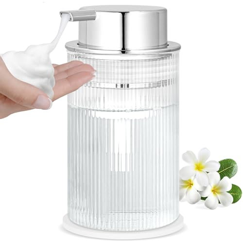 NiHome 414ml/14oz Multifunctional Glass Foaming Hand Soap Dispenser with Elegant Stripe Pattern, High-Capacity Easy to Refill for Home & Commercial Use, Durable with Advanced Foam Pump & Non-Slip Base