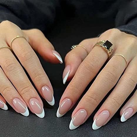 French False Nails, Press on Nails Medium Length, Acrylic White Tip Stick, 24pcs Almond False Nails with Glue Elegant Fake Nails for Women Girls (French)
