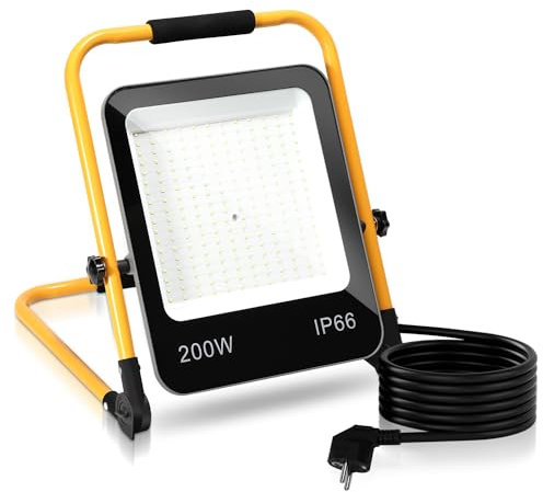 Tubiaz 200W LED Baustrahler, Baulampe 16000LM Baustellen Strahler 6000K Kaltweiß, Tragbar Bauscheinwerfer IP66 Wasserdicht mit 3M Kabel und Faltbarer Ständer, für Werkstatt oder Baustelle
