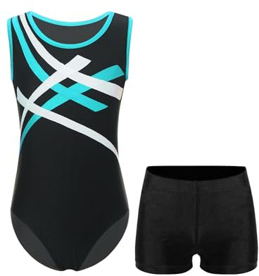 MSemis Gymnastik Trikot für Jungen Kinder Turnanzug Gymnastikanzug Ärmellos Gymnastik Trikot Ballettbody mit Tanz shorts Tanzbekleidung Blau Grün & Schwarz 122-128