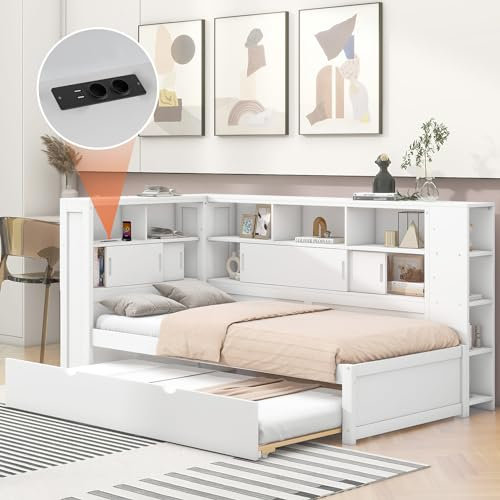 Kayan Plattformbett mit Ausziehbett 90x200cm(90x190cm), Tagesbett mit Staufach und USB, Daybett Kinderbett Einzelbett, Lattenrost aus Holz, Ohne Matratze (Weiß)