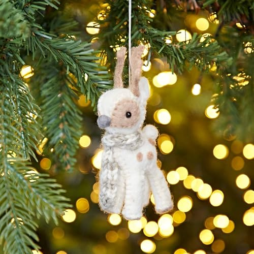 Felt Reindeer Christmas Decoration - Felted Ornament - Wool Christmas Bauble - Felt Handmade Xmas Décor - Classic Tree Ornament (White)