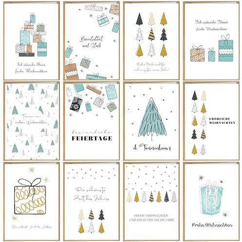 BIROYAL 12er Weihnachtskarten mit Umschlag Set - Weihnachtsbaum & Geschenkbox Karte Weihnachten - A6 Weihnachtskarte - Grußkarten Weihnachten - Christmas Card - Klappkarten für Familie, Freunde