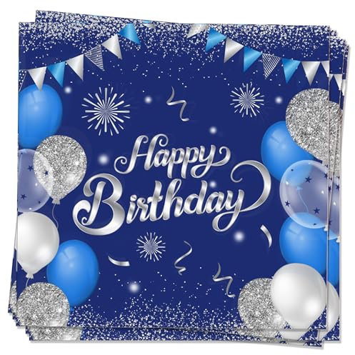 MORAINJAY Geburtstag Papierservietten, 20 Stück Blau mit Silber für Mädchen Junge Party, 16.5cm Quadrat Servietten, Party Deko