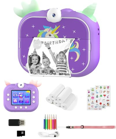Kinderkamera Sofortbildkamera, 1080P 2.4 Zoll Bildschirm Dual-Objektiv DigitalKamera Kinder mit 5 Rollen Druckpapier, 32GB Karte & 6 Farbigen Stiften Geschenk für Kinder 3-14 Jahren(Lila)