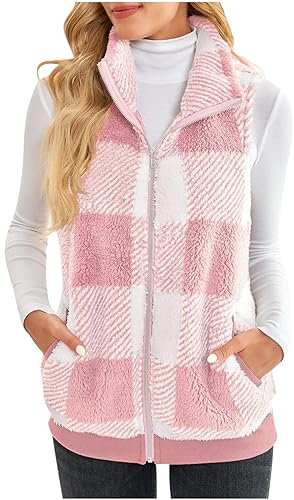Fleece Gilet for Women UK Plaid Fur Gilet Teddy Zip Up Vest Sherpa Fluffy Waistcoat Body Warmer Lightweight Cozy Gilets Ladies Winter Warm Jacket with Pocket Fuzzy Sleeveless Coat Checked Outwear