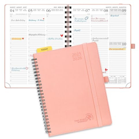 POPRUN Kalender 2025 2026 Wochenplaner (Aug.2025-Dez.2026) Ringbuch mit Softcover, ca. A5 (22 x 16,5 cm), 17-Monate-Terminplaner 1 Woche 2 Seite mit Zertifiziertem Papier - Rosa