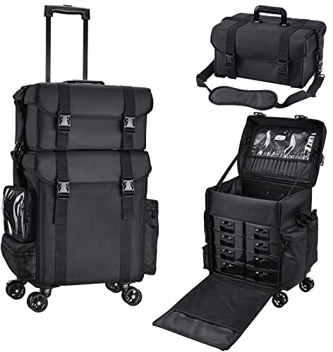 Friseurkoffer mit 8 Schubladen Kosmetik Trolley Kosmetikkoffer 2 in 1 Make up Koffer Nagelkoffer mit Rollen Professioneller Schminkkoffer Beauty Case Nageldesign Koffer,Schwarz