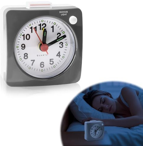 Small Travel Alarm Clock,Silent Luminous Bedside Clock Battery Operated Analogue Non Ticking Clocks with Snooze Nightlight Function Quiet Mini Alarm Clocks for Heavy Sleepers Bedrooms Office (Grey)