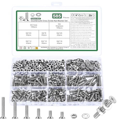 YOUYIDUN 585 Pz Set di Viti M4, Bulloni e Dadi Set, Viti a Testa Svasata e Dadi e Rondelle Kit, Bulloni a Testa Piatta a Croce Acciaio al Carbonio (Argento, M4)
