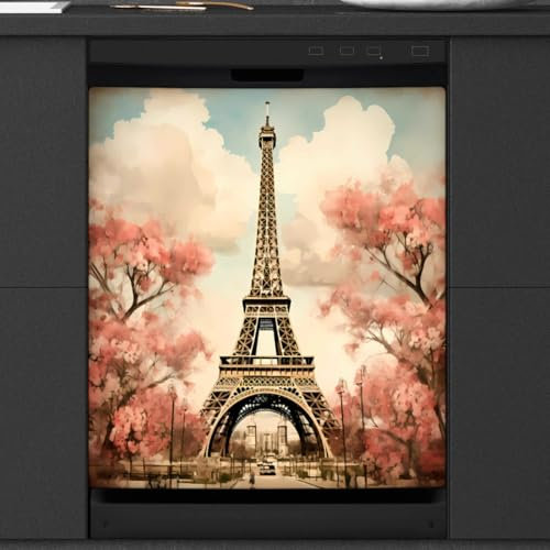 Mexpekil Cubierta magnética para lavavajillas, diseño retro de la Torre Eiffel con flor de cerezo, 23 x 26 pulgadas, impermeable, decorativa, para lavavajillas, para electrodomésticos de cocina