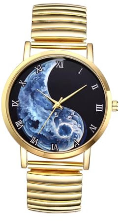 JewelryWe Herrenuhr Yin-Yang Elastische Uhren: Tai Chi Yin und Yang Wolkenmuster Analog Quarz Armbanduhr Herren Gold Edelstahl Stretch Armband Lässige Uhr mit Zugarmband und Römischen Ziffern