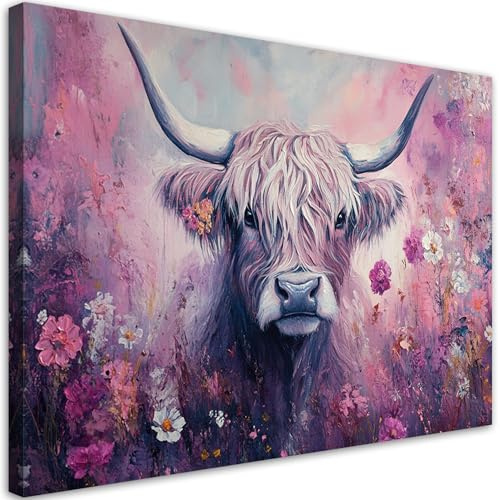Feeby Leinwandbild - Bilder Wohnzimmer - Schottische Kuh Blumen Rosa - 120x80 cm XXL 1tlg - Deko Schlafzimmer - Wanddekoration - Aesthetic - Groß Moderne Bild - Foto auf Leinwand