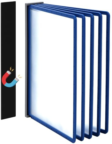QWORK® Porta documenti da parete magnetico - 5 pannelli A4 in blu - Include piastra magnetica e viti per 2 metodi di installazione