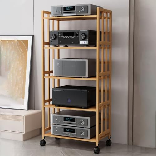 Audio Rack Hifi Regal Audio-Rack-Stereoschrank, Lautsprecher/DVD-Player/AV-Medienständer Aus Holz Mit Rädern, 50 55 60 70 80 Cm Langes Regal Für Unterhaltungskomponenten(5 Tier-158cm tall,W 80 cm(31.5