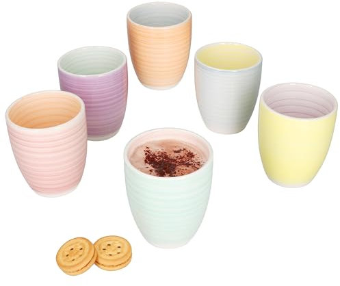 MamboCat Pastello 6er Set Kaffeebecher ohne Henkel I 330 ml I bunte Steingut-Becher mit Pastell-Farben für 6 Personen I Tassen für Heißgetränke wie Tee, Kakao & Co