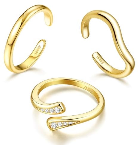 Milacolato 3PCS 14K Or Rempli Bagues d'orteil pour Femmes Réglable Anneau d’Orteil en Or Ensemble Bande Ouverte Classique CZ Hawaïen Été Plage Pied Bijoux
