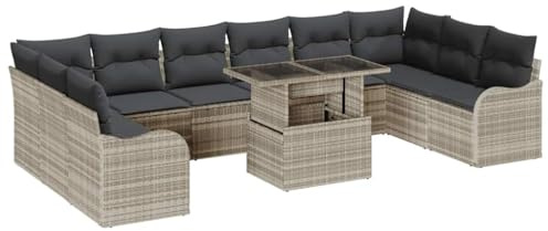 vidaXL 11-teiliges Garten-Sofaset mit Kissen in Hellgrau aus Poly Rattan | Modulares Design für 8 Personen | Modernes Outdoor-Lounge-Set aus wetterbeständigem Stoff für die Terrasse