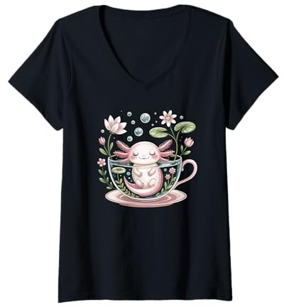 Femme Floral Art Axolotl Tasse À Thé Salamandre T-Shirt avec Col en V