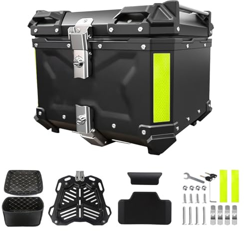 YJYAJIE Motorrad Topcase 45L Aluminium Wasserdicht & Staubdicht, Universal Top Case mit Sicherheitsschloss, Stoßfestem Innenfutter & Reflektorstreifen für Helm & Reisegepäck