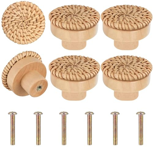 wadafen Rattan Möbelknöpfe Holz Schrankknöpfe Schubladenknöpfe 6 Stück