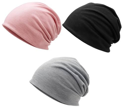 JcvPot Beanie Damen, 3 Stück Dünne Baumwollmützen, Atmungsaktive Chemo Kopfbedeckung Damen, Weiche Mütze Für Yoga, Schlaf Und Alltag, Schwarz, Grau, Pink