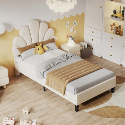 MISNODE Polsterbett Kinderbett 90x200 cm, Polsterbett Einzelbett aus Samtstoff mit Lattenrost, Mädchen Bett, Prinzessin Bett, Jugendbett mit Kopfteil in Blumenform (Beige-D, 90x200 cm)