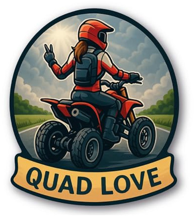 Aufkleber Quad Love mit ATV Fahrerin in rotem Helm und Outfit | wetterfester Vinyl Bikerin Sticker im Retro Cartoon Stil | Digitaldruck Schutzlaminat | Stickerfreaks | 7x6cm (S)