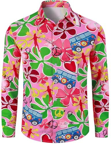 COSAVOROCK 70er Jahre Hemd Herren 60er Hippie Kostüm Retro Blumen Shirt