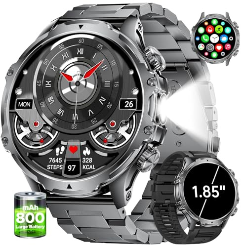 LIGE Smartwatch Uomo con Torcia LED/800mAh,1.85'' Orologio Smart Watch con Chiamata Bluetooth,IP68 Impermeabile 110+ modalità Sportive Cardiofrequenzimetro SpO2 e Sonno per Android iOS