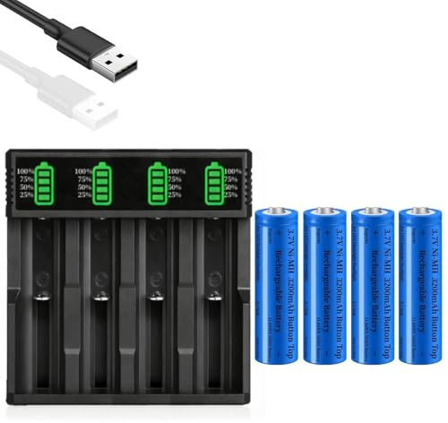 18650 Akku Ladegerät mit 4 Pcs 3,7V 3200mAh Akku NIMH, 4-Soll LCD Smart Schnell Aufladen Batterieladegerät für 10440 14500 16340 18650 26650 Li-ion IMR INR ICR Akkus (Button Top Akkus)
