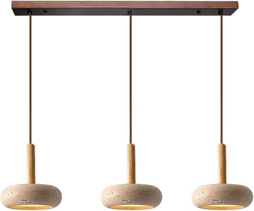 STTTBD Wabi Sabi Pendelleuchte Aus Gelbem Travertin Mit Rundem Natursteinschirm, LED-Pendelleuchte Aus Holz, Verstellbarer Bügel, Geeignet Für Schlafzimmer, Wohnzimmer, Kücheninsel Long