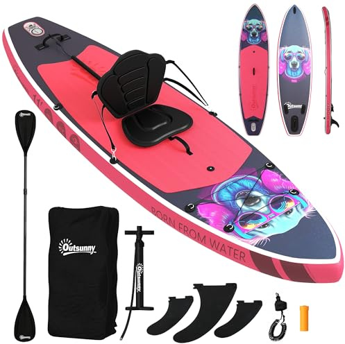 Outsunny Tavola Sup Gonfiabile Adulti 335 cm Extra-Lunga con Sedile 180kg | Stand Up Paddle Board, Pagaia Convertibile, Ponte Antiscivolo, Zaino, Pompa, 3 Pinne, Custodia Telefono Impermeabile