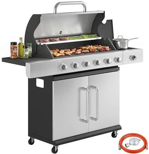 Outsunny Barbecue a Gas con 6+1 Bruciatori da 18.6 KW, BBQ a Gas Propano Portatile con Griglia, Ripiani, Coperchio, Termometro, Ruote, per Giardino Esterno, Nero Argento