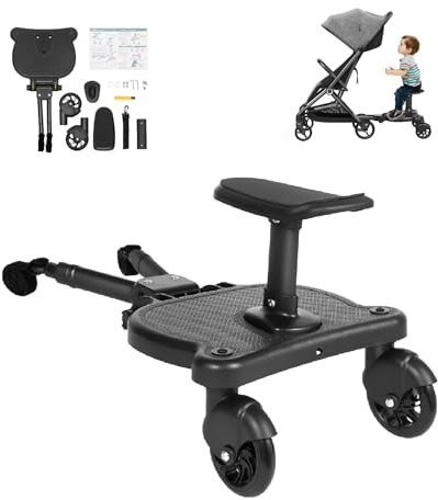 Buggy Board, 25kg Universal Trittbrett mit Sitz, 360° Zweirad Stoßdämpfung und Verschleißfestigkeit, Flexibel Einstellbar Mitfahrbrett für Kinder von 3-7 Jahren und jeden Kinderwagen erhältlich