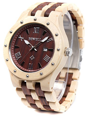 BEWELL W109A Natural Wood Watches for Men Quartz Date Lumious Pointers (Maple and Red Sandalwood)