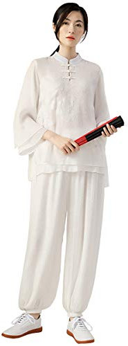KSUA Womens Tai Chi Kleidung Chinesische Kung Fu Kleidung Baumwolle Kampfkunst Uniform für Kung Fu Taichi Zen Meditation Kampfkunst Wing Chun, Weiß EU M/Etikett L