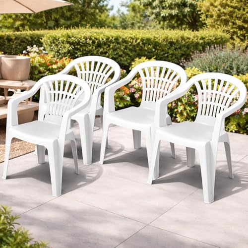 Mojawo 4 Stück Stapelstuhl Gartenstuhl Altea Bistrostuhl Gartensessel Balkonstuhl Kunststoff stapelbar Balkonmöbel Gartenmöbel Weiß
